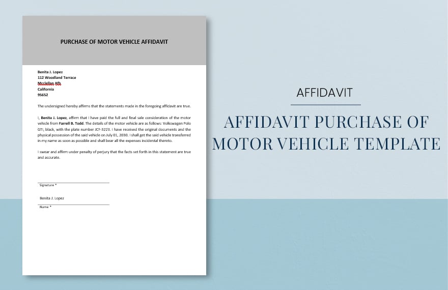Affidavit for Purchase of Motor Vehicle Template in Word, Google Docs
