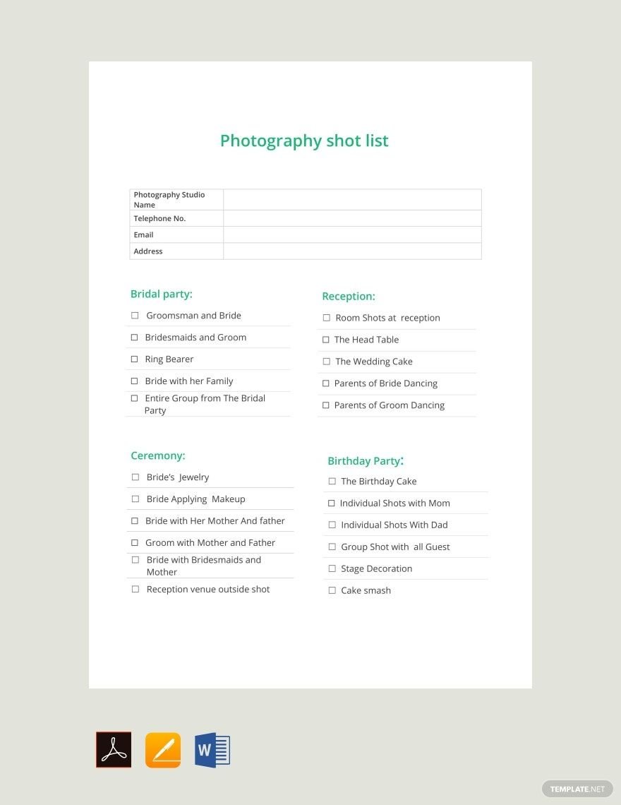 Photography Shot List Template