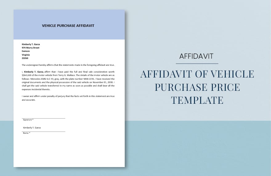 Affidavit of Vehicle Purchase Price Template in Word, Google Docs