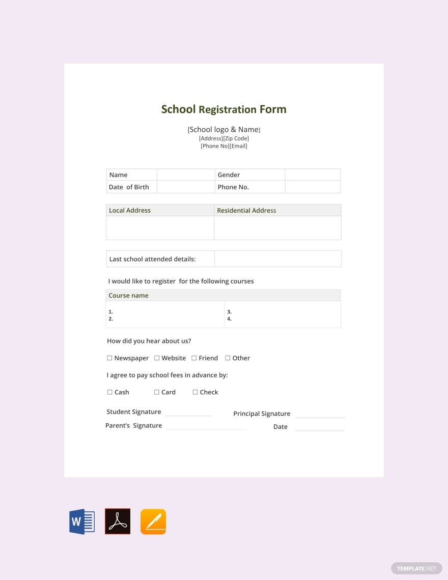 School Registration Form Template in Word, Google Docs