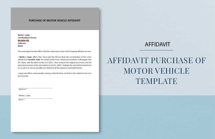 Affidavit to Transfer Title of Automobile Template in Word, Google Docs