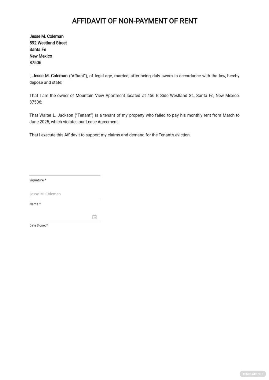 Affidavit of Non-Payment of Rent Template in Word, Google Docs
