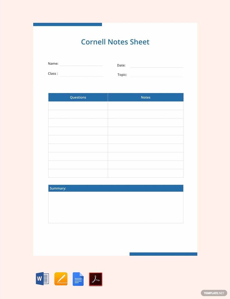 Cornell Notes Sheet Template in Word, Google Docs, PDF, Apple Pages