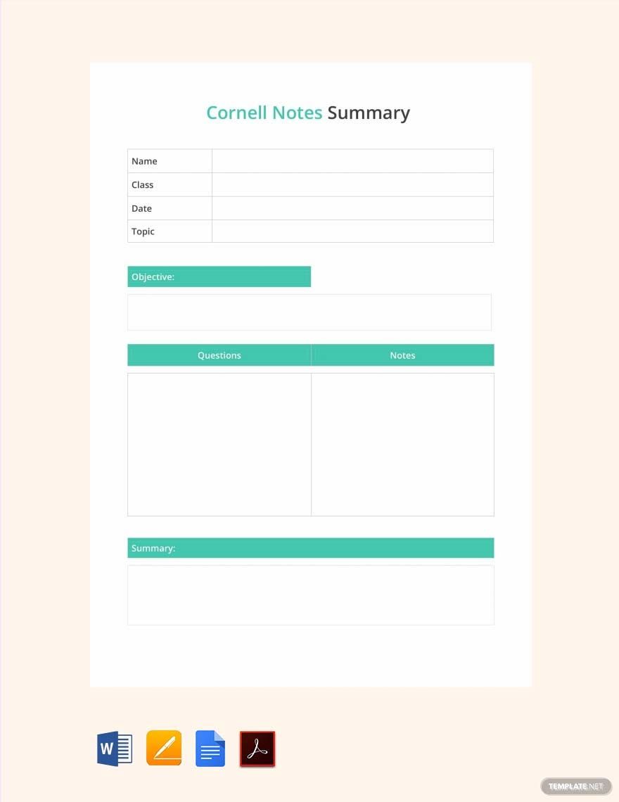 Cornell Notes Summary Template in Word, Google Docs, PDF, Apple Pages