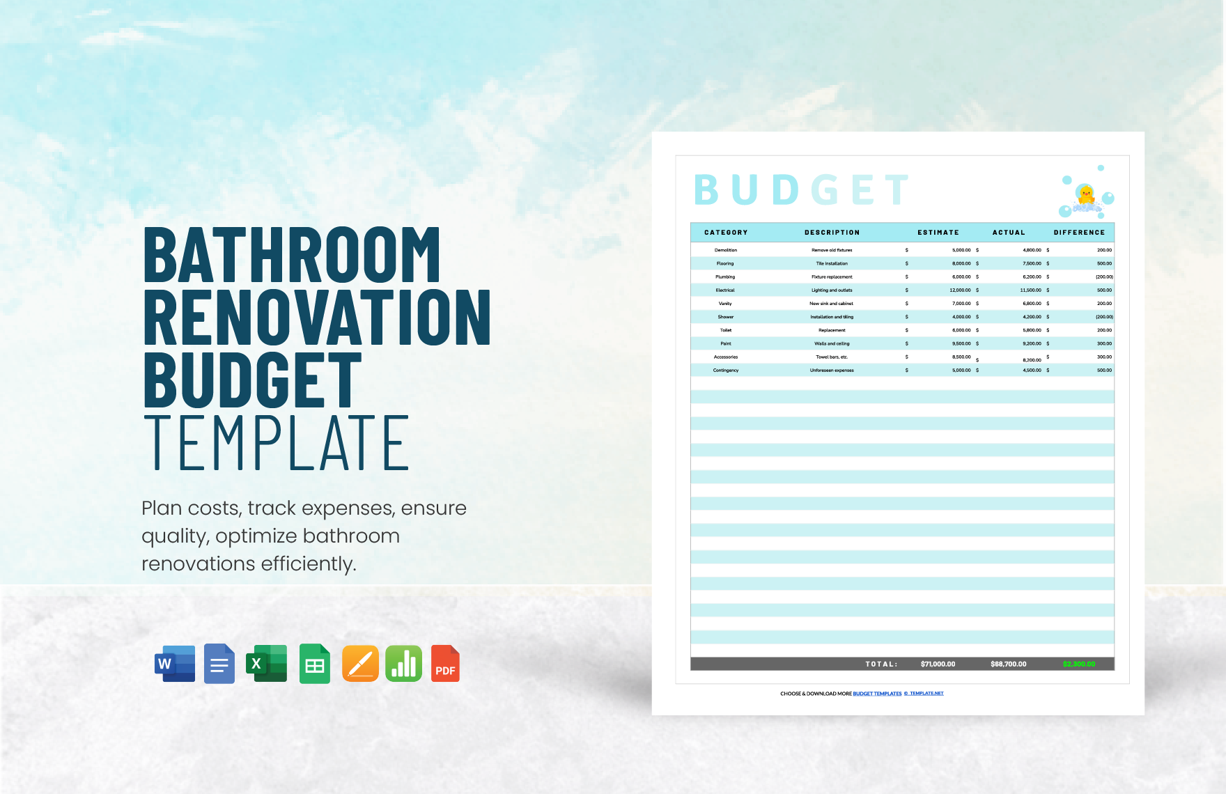 Bathroom Renovation Budget Template in Word, Google Docs, Excel, PDF, Google Sheets, Apple Pages, Apple Numbers