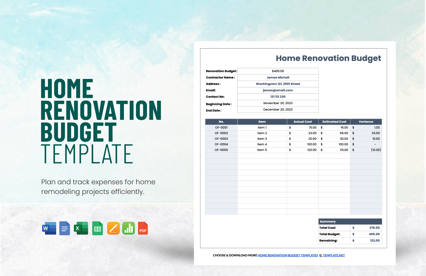 Home Renovation Budget Template in Word, Google Docs, Excel, PDF, Google Sheets, Apple Pages, Apple Numbers