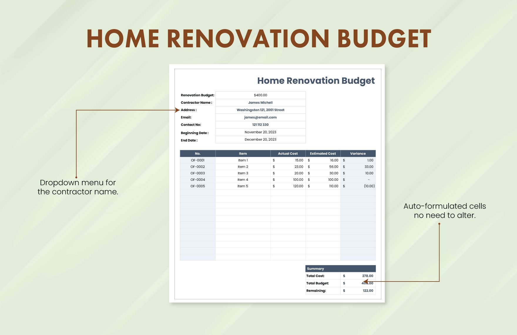 Home Renovation Budget Template