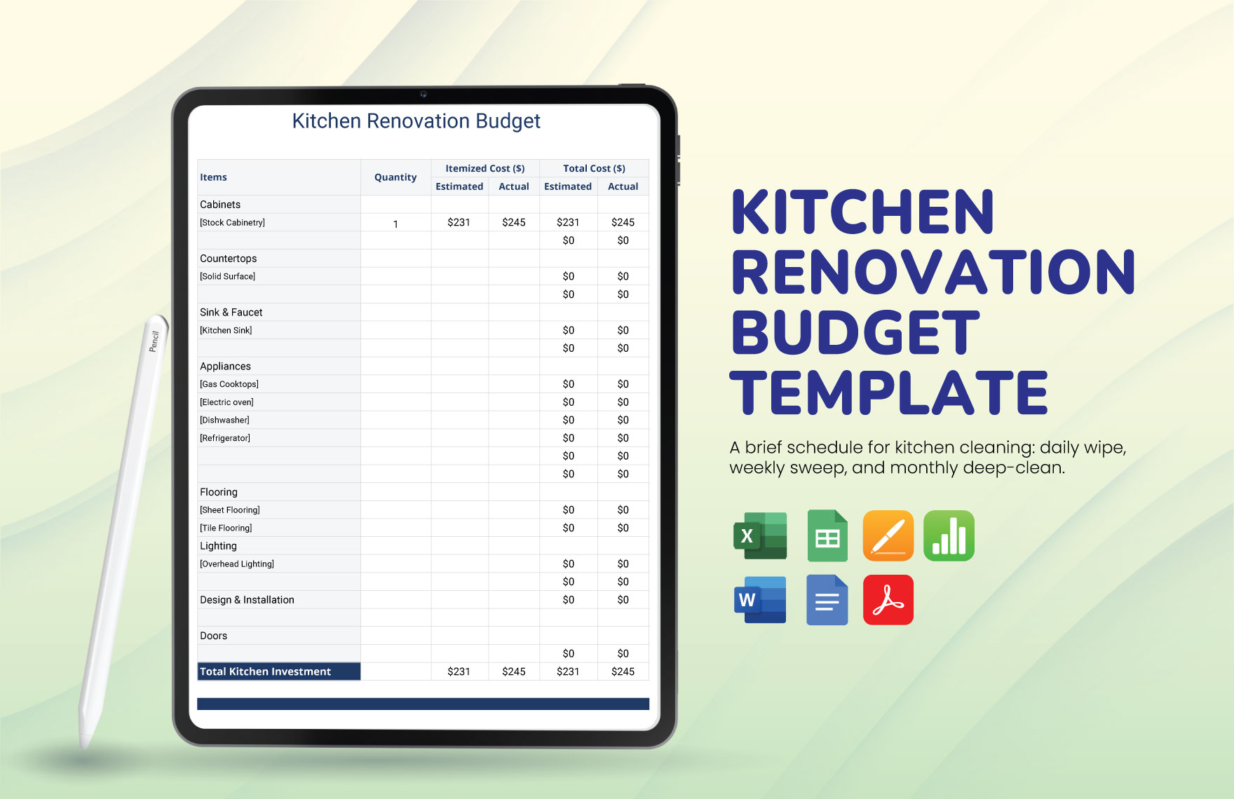 Kitchen Renovation Budget Template in Word, Google Docs, Excel, PDF, Google Sheets, Apple Pages, Apple Numbers