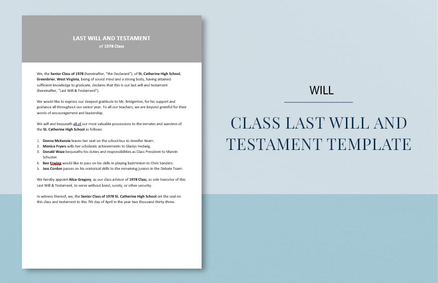 Class Last Will and Testament Template