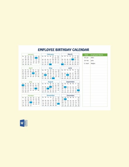 free employee birthday calendar template 440x570