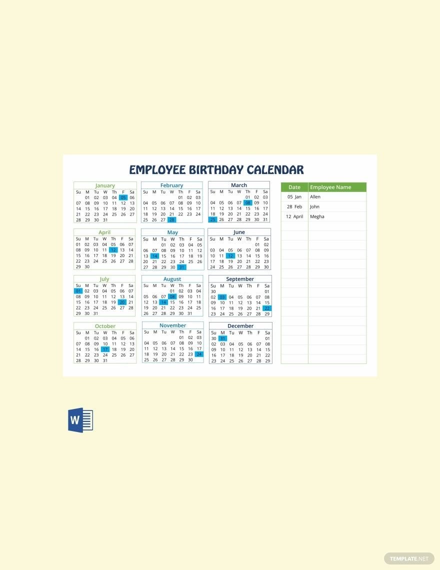 Sample Employee Birthday Calendar Template