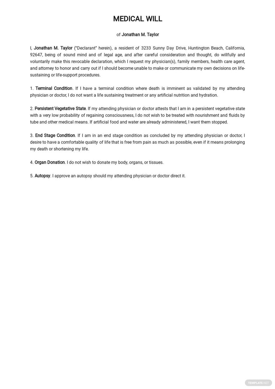 Basic Medical Will Template Google Docs, Word