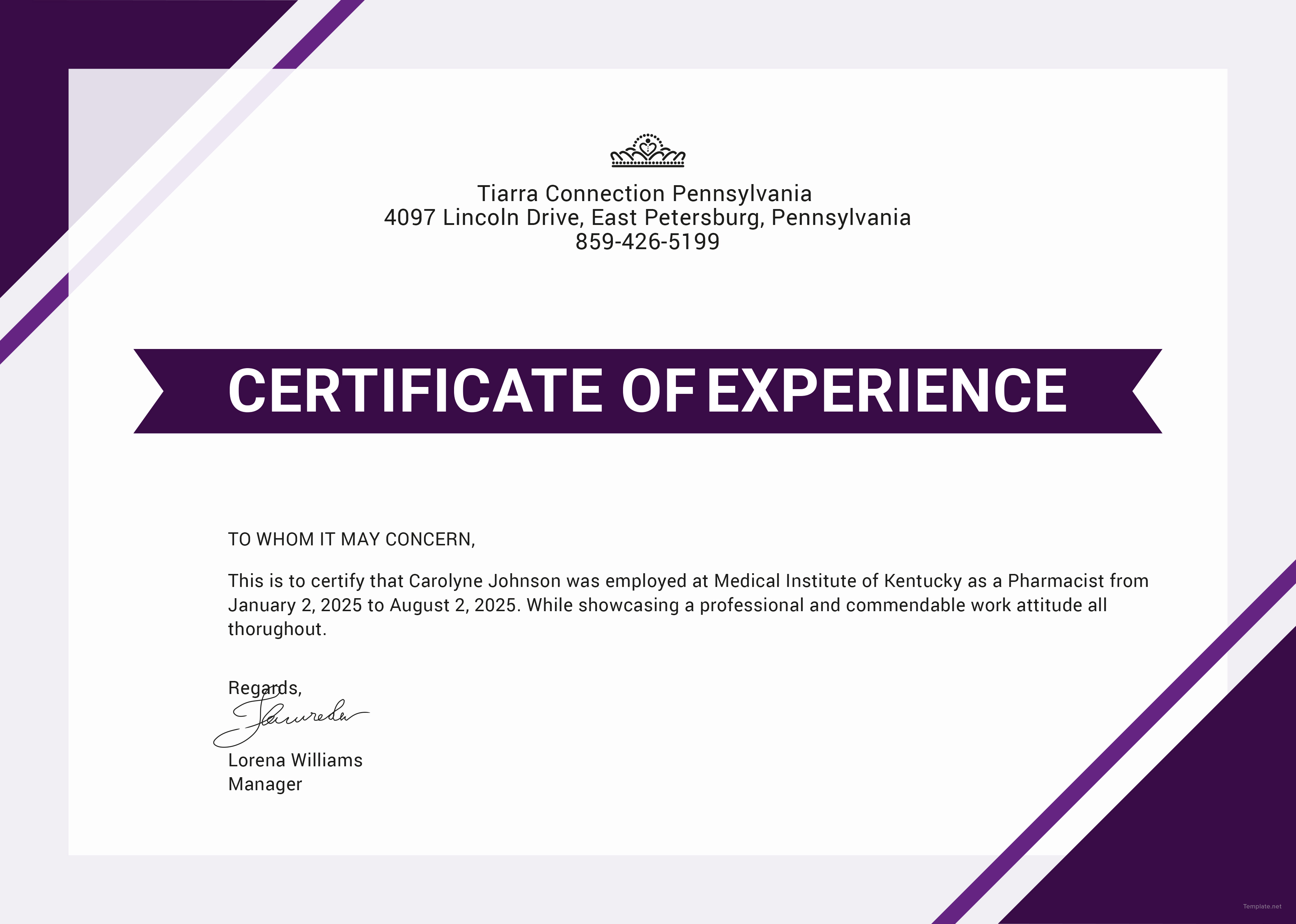 certificate of work experience example