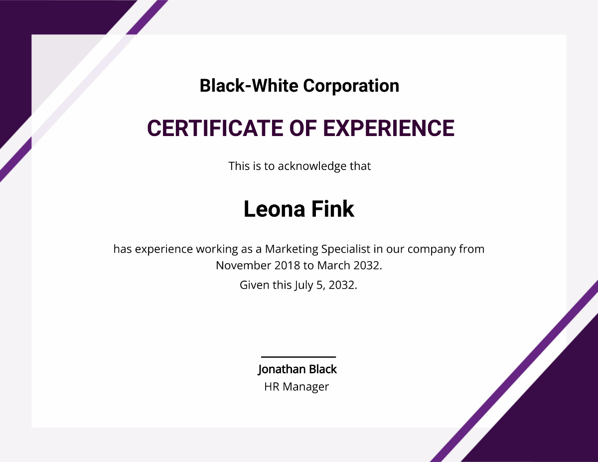 Certificate of Job Experience Template