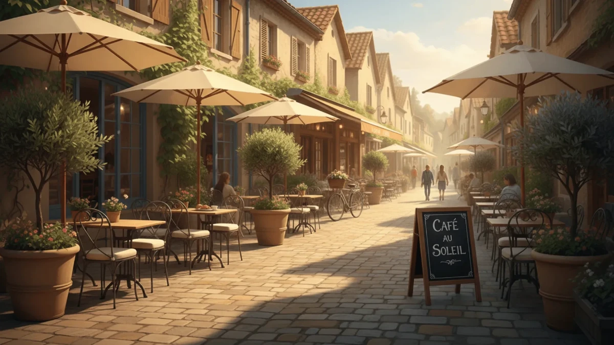Free Sunlit Cobblestone Cafe Street Photography Background Template to Edit Online