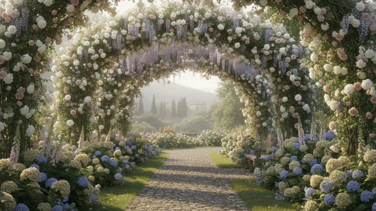 Free Blooming Archway Garden Path Photography Background Template to Edit Online