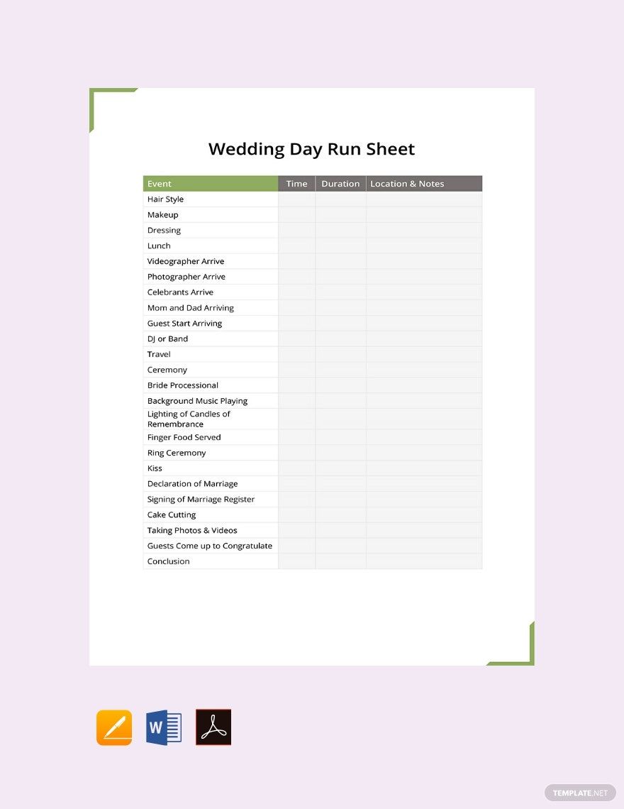 Wedding Day Run Sheet Template in Word, Google Docs, PDF, Apple Pages