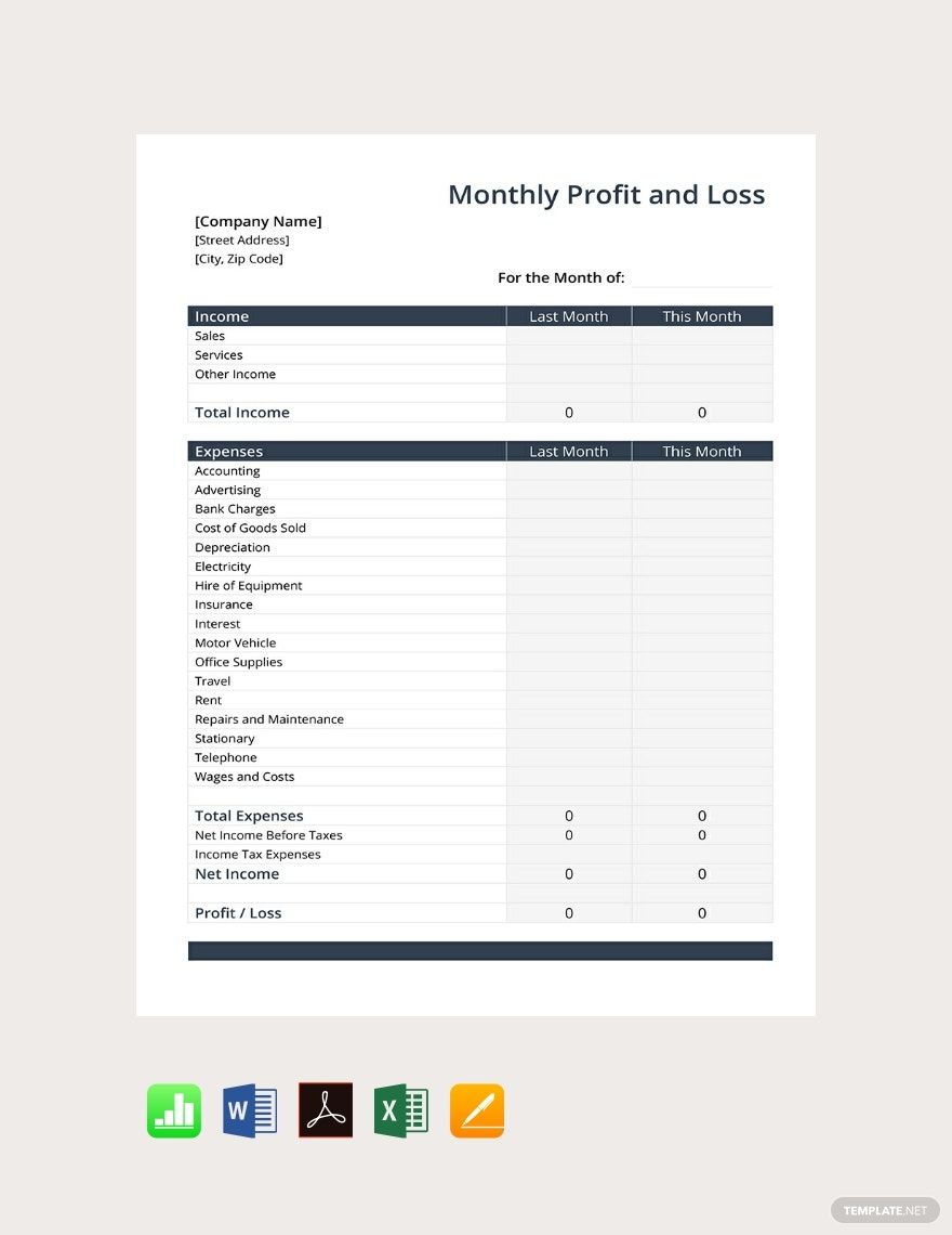 Monthly Profit and Loss Template