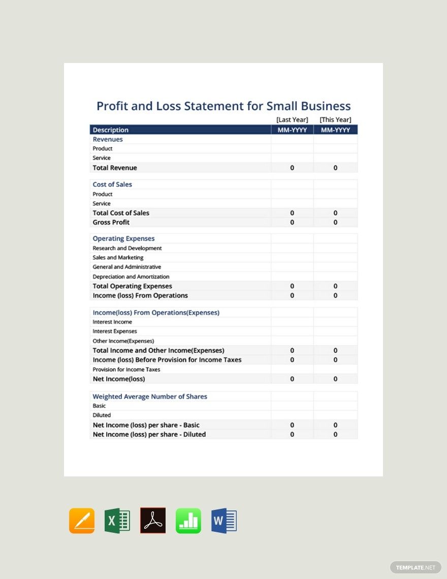 Profit and Loss Statement For Small Business Template