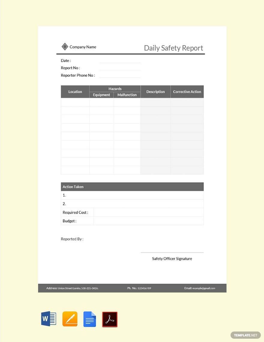 Daily Safety Report Template in Word, Google Docs, PDF, Apple Pages