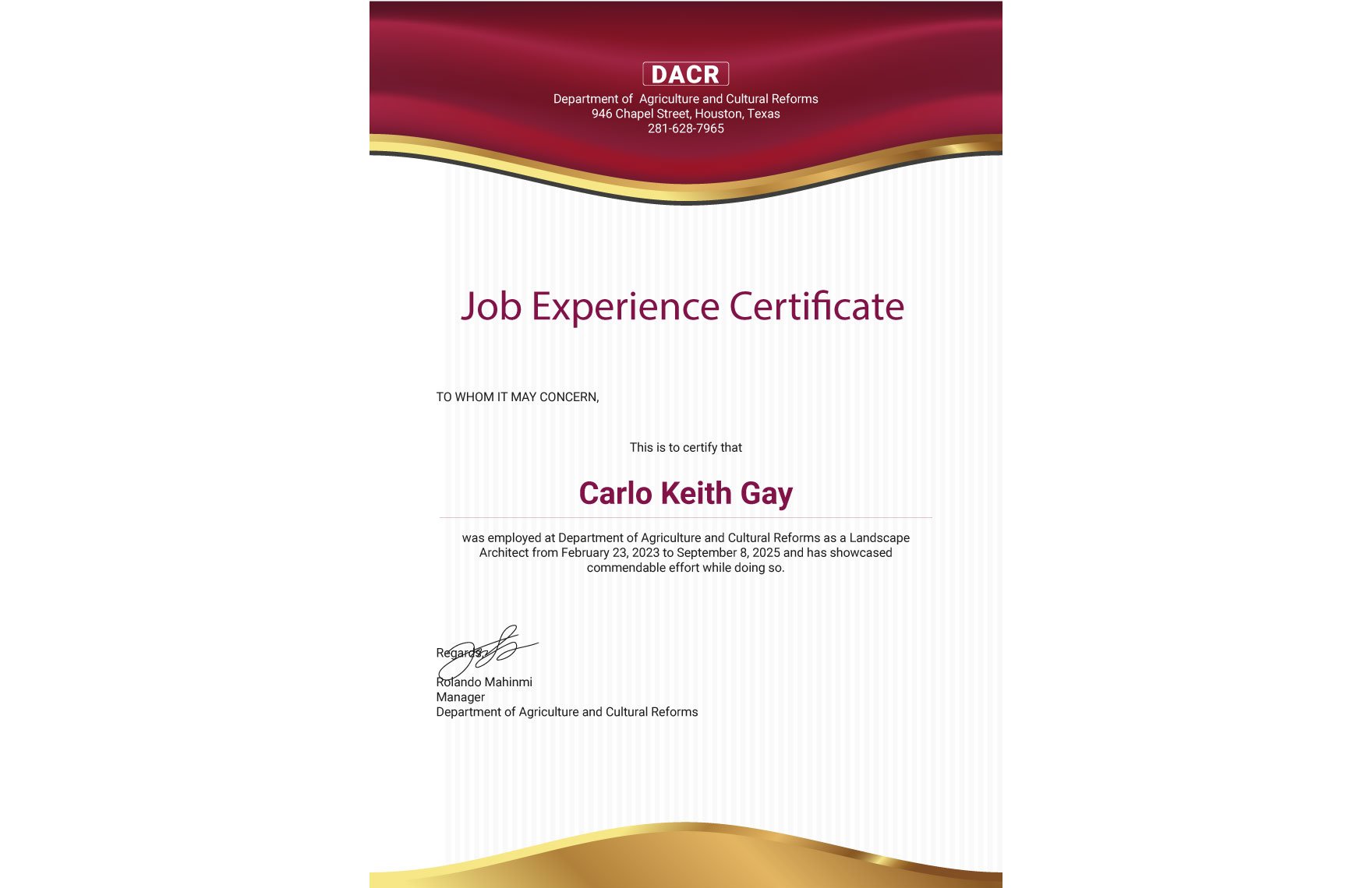 Editable Job Experience Certificate Template