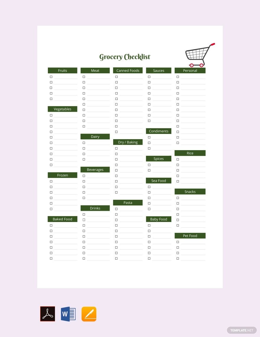 Sample Grocery Checklist Template