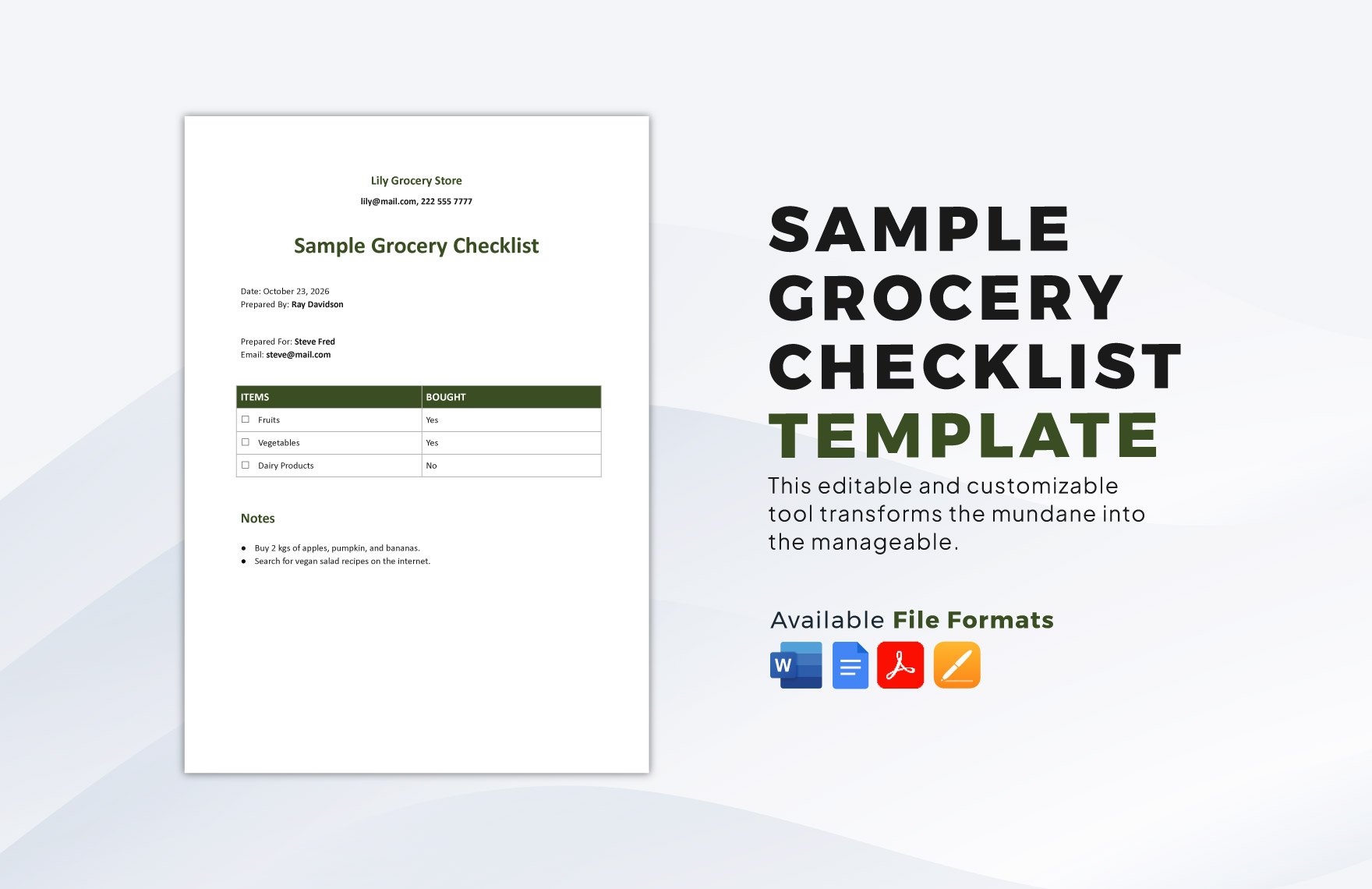 Sample Grocery Checklist Template