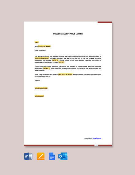 College Acceptance Letter Template - Google Docs, Word | Template.net