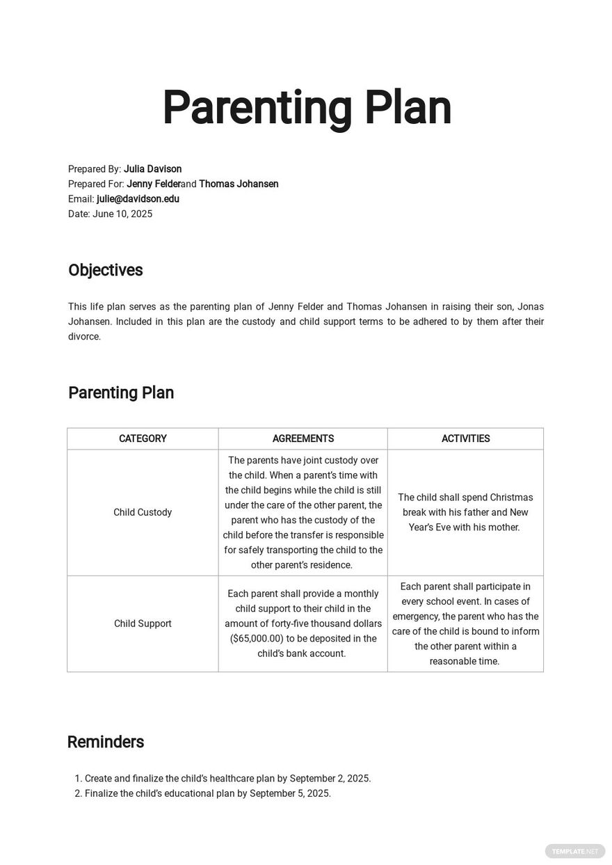 Free Parenting Plan Template Pdf Word Legal Templates Bank2home