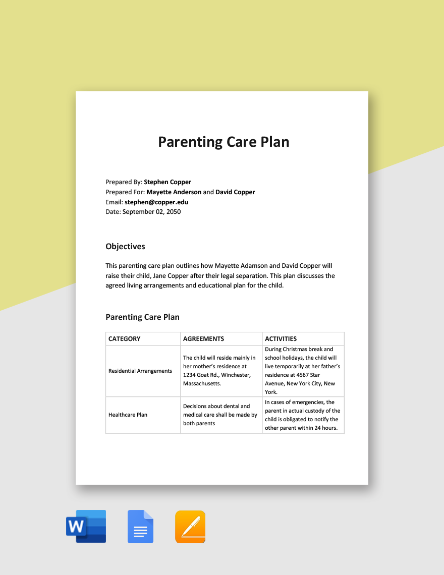 Parenting Care Plan Template in Word, Google Docs, PDF, Apple Pages