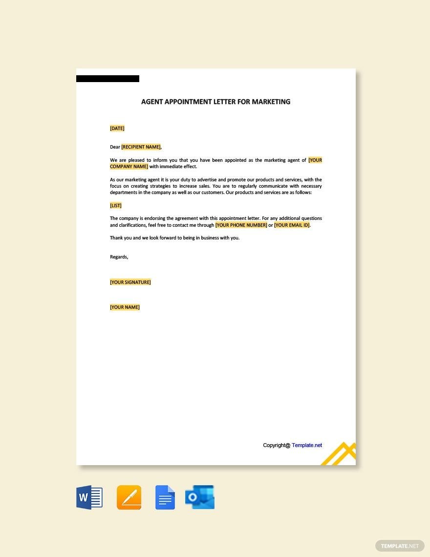 Agent Appointment Letter for Marketing Template
