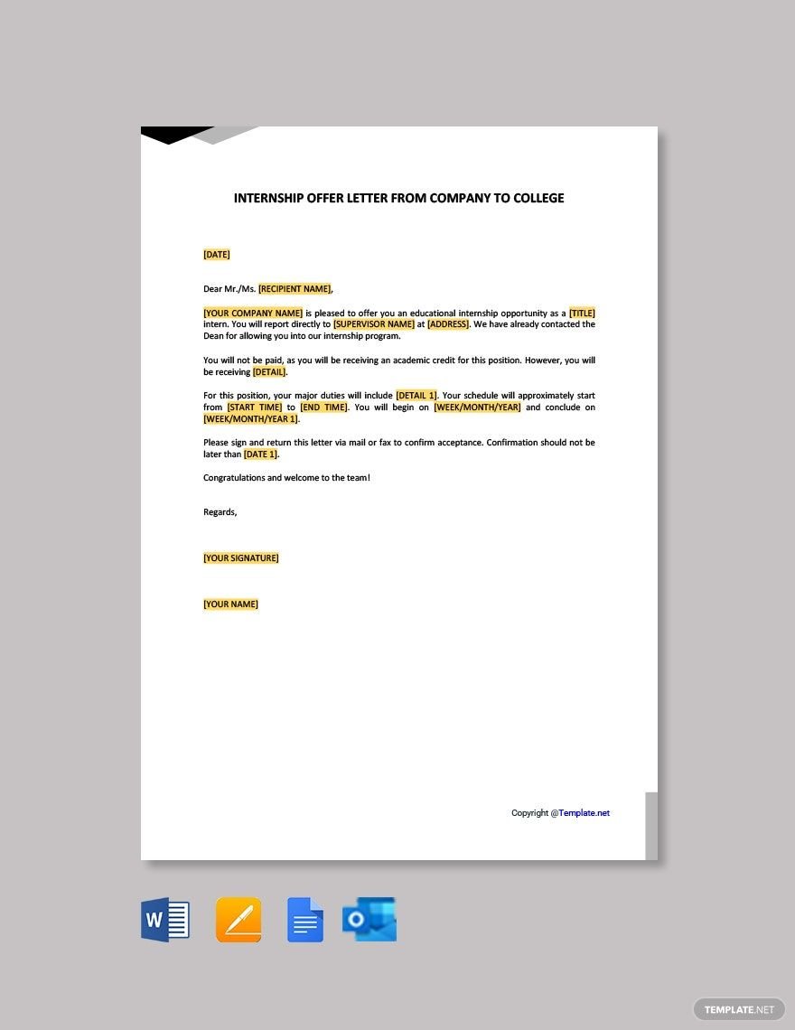 Free Internship Offer Letter From Company to College Template