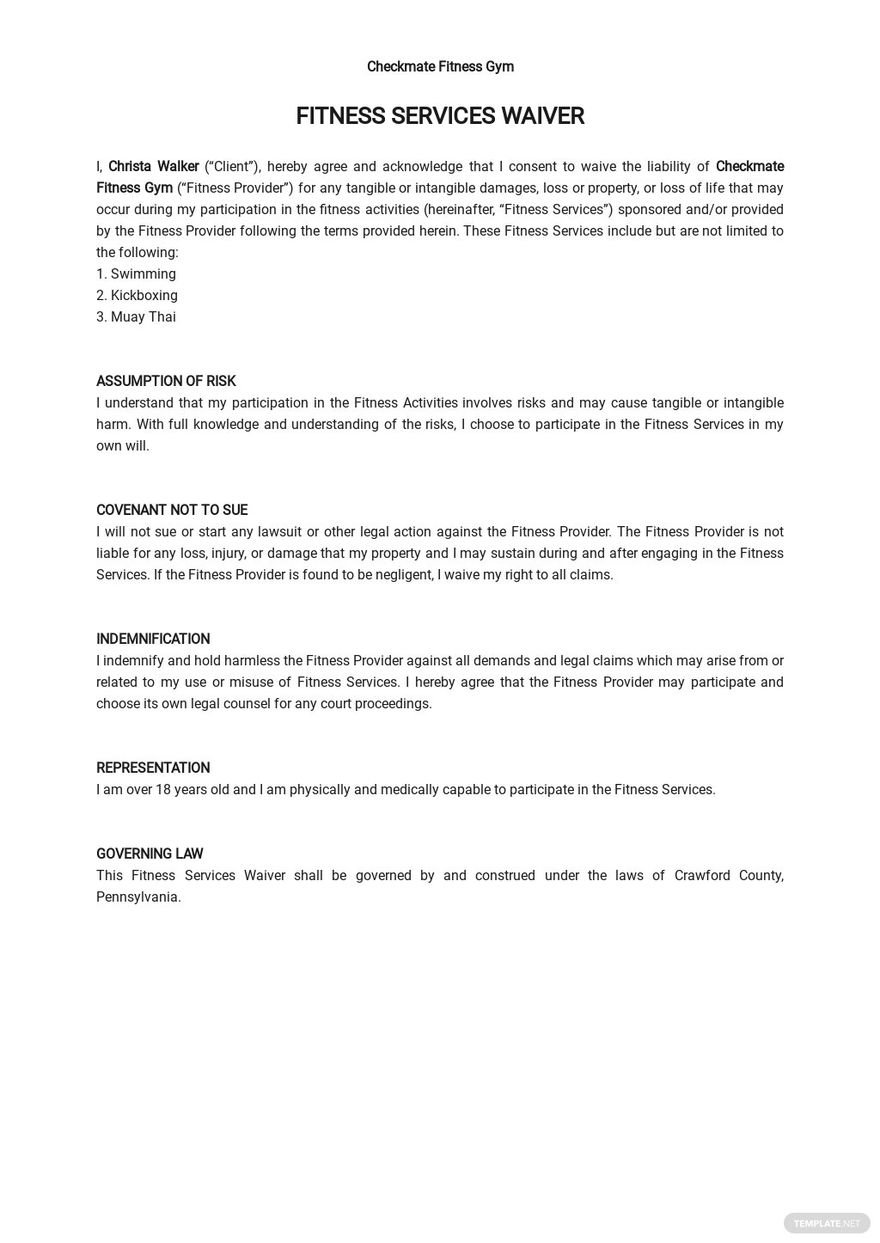 Fitness Services Waiver Template in Word, Google Docs