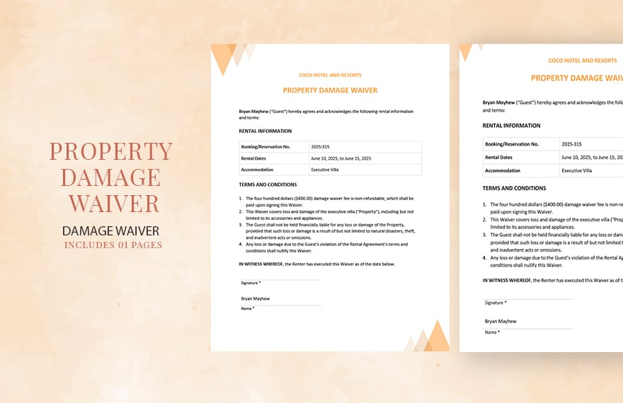 Property Damage Waiver Template in Word, Google Docs