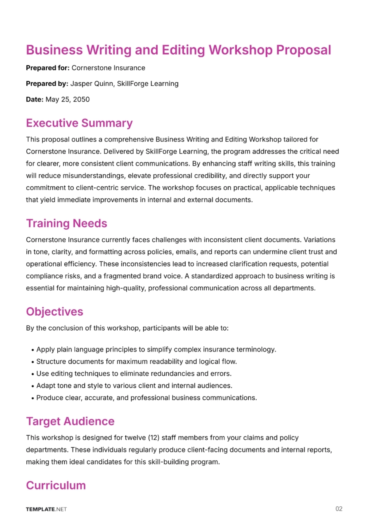 Free Training Proposal Template to Edit Online