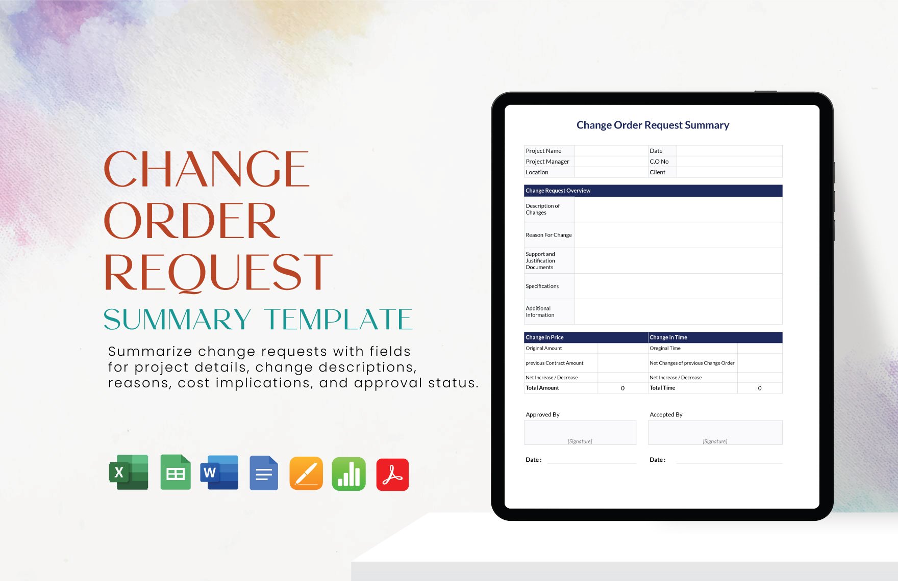 Change Order Request Summary Template in Word, Google Docs, Excel, PDF, Google Sheets, Apple Pages, Apple Numbers