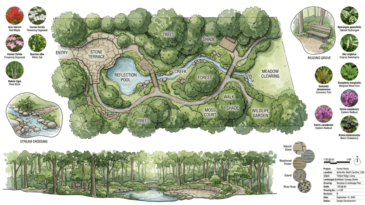 Woodland Landscape Plan - AI Landscape Plan Generator, Landscape Plan Images Maker Woodland Landscape Plan - AI Landscape Plan Generator, Landscape Plan Images Maker
