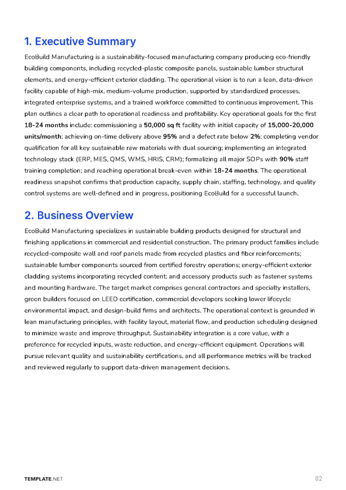 Free Operations Business Plan Template to Edit Online
