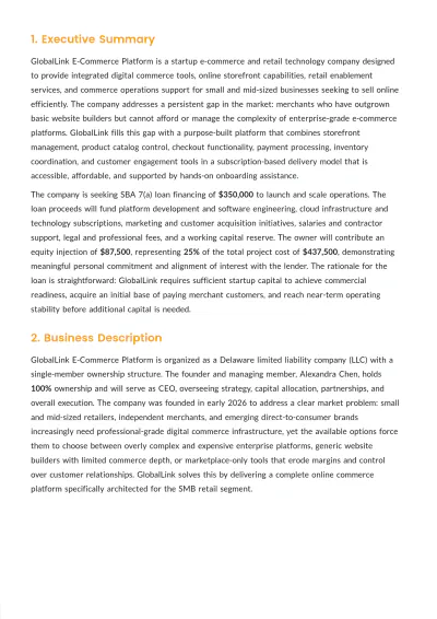 Free SBA Loan Business Plan Template to Edit Online