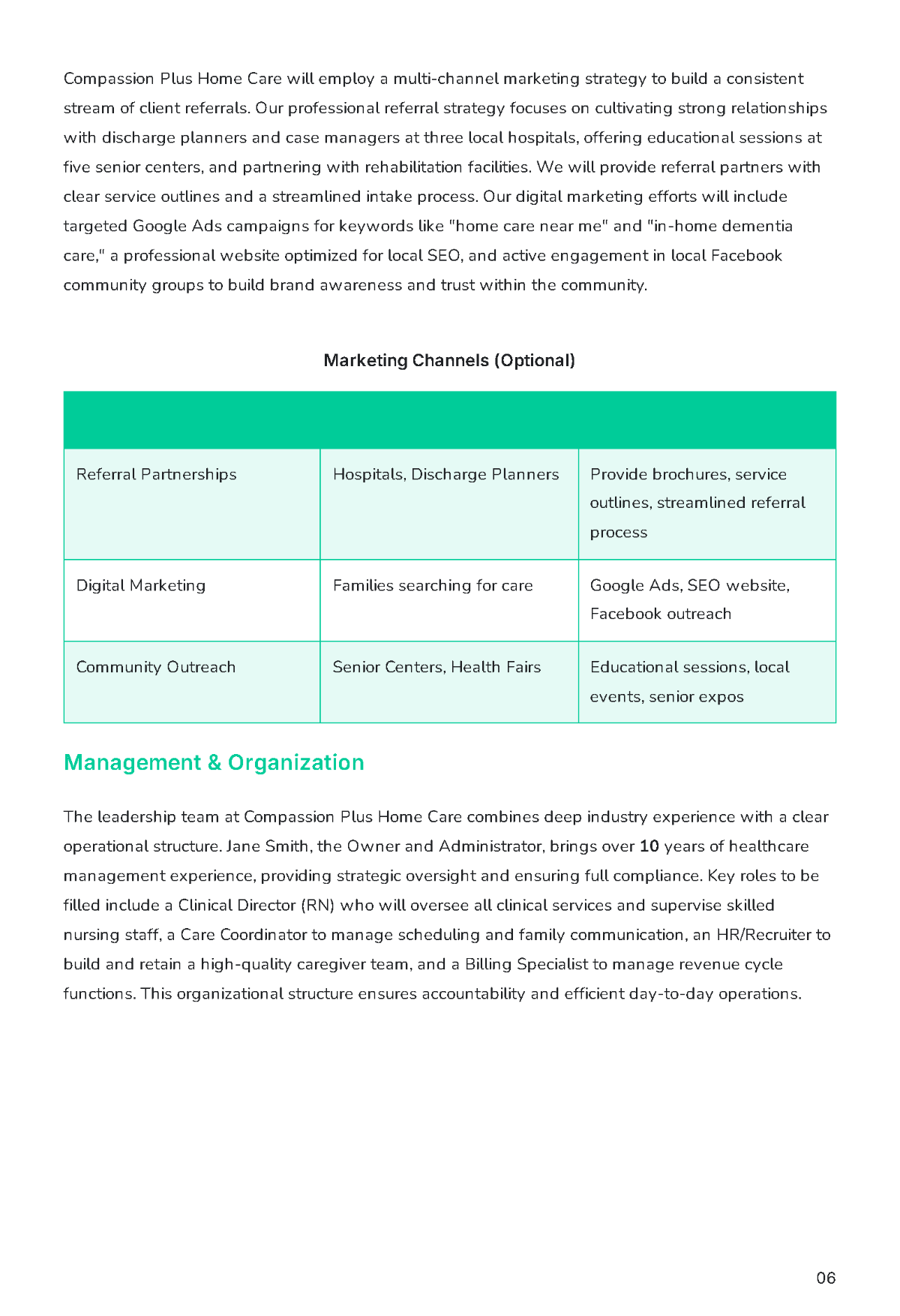Free Home Care Business Plan Template to Edit Online