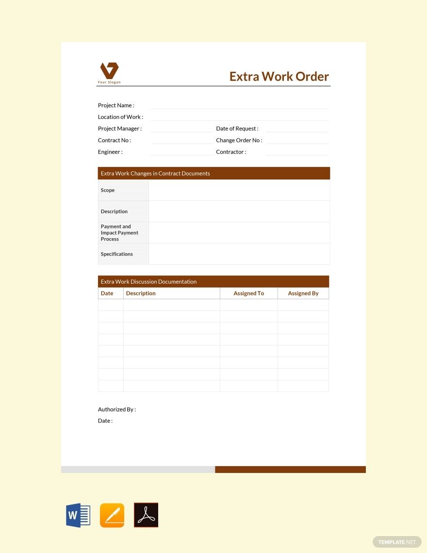 Printable Extra Work Order Template