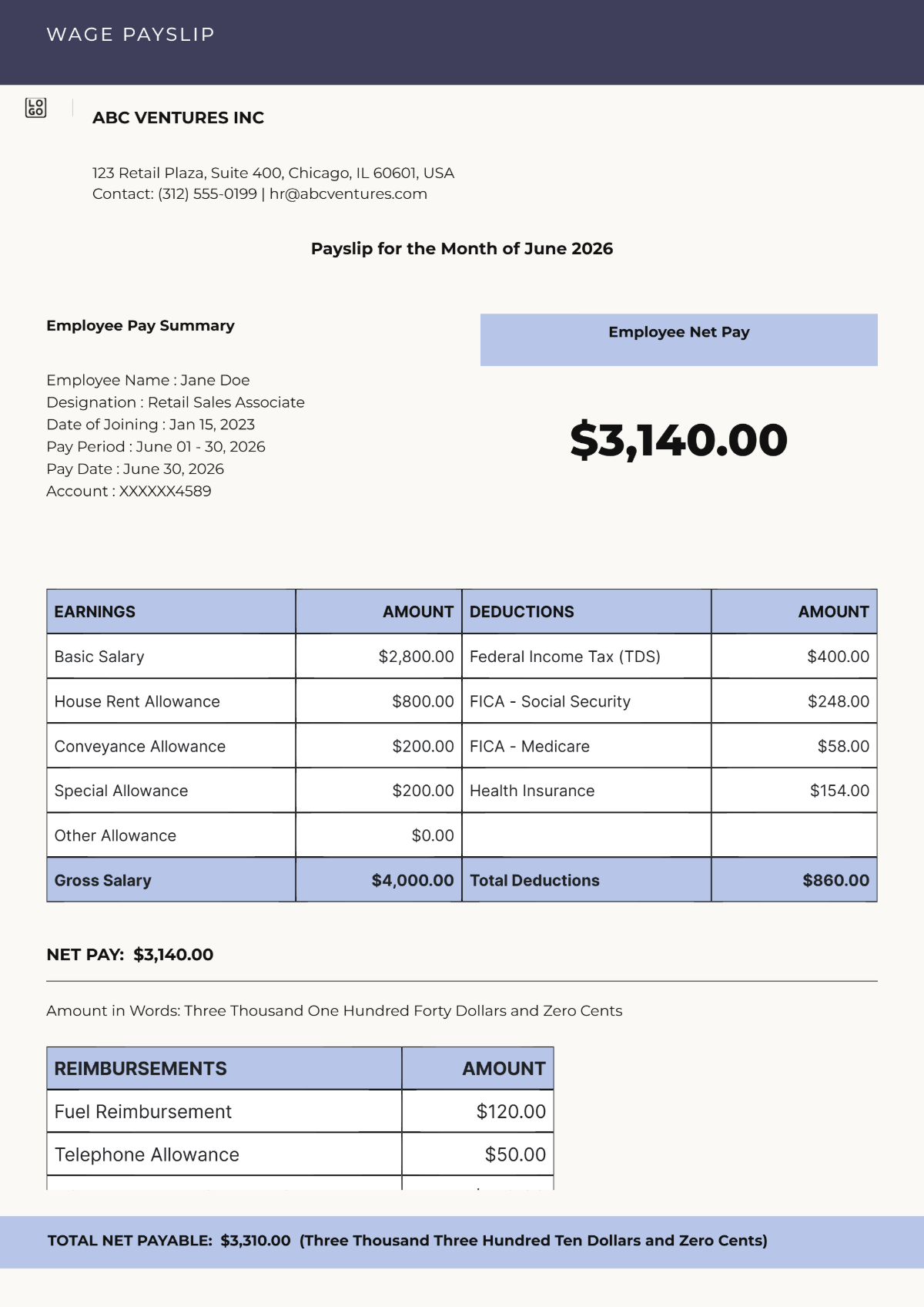 Free Wage Payslip Template to Edit Online