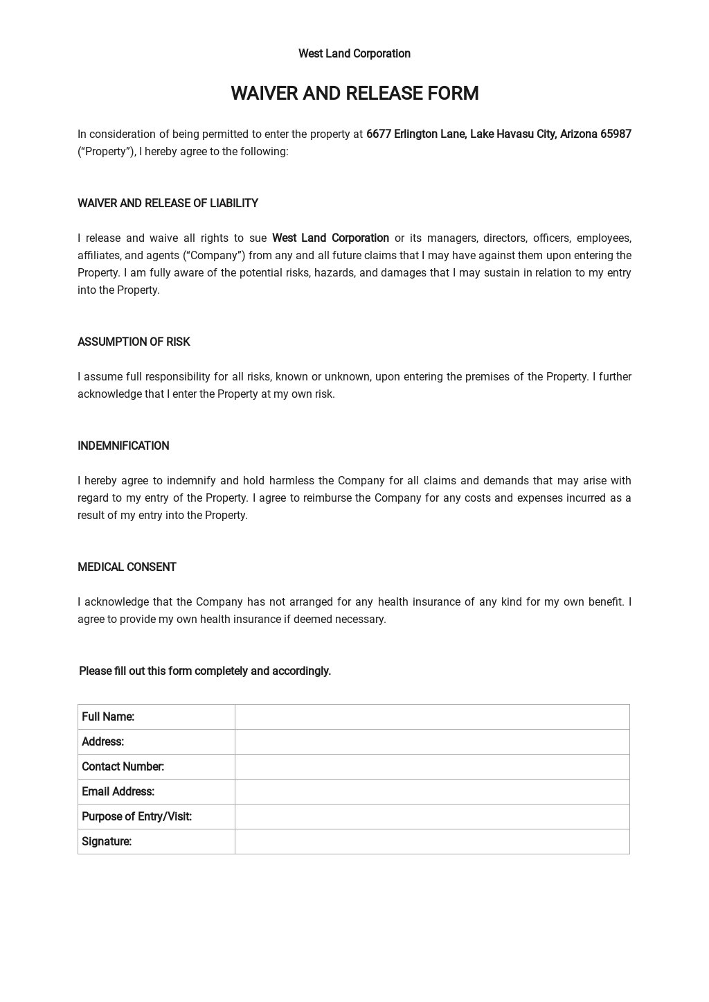 Waiver and Release Form Template
