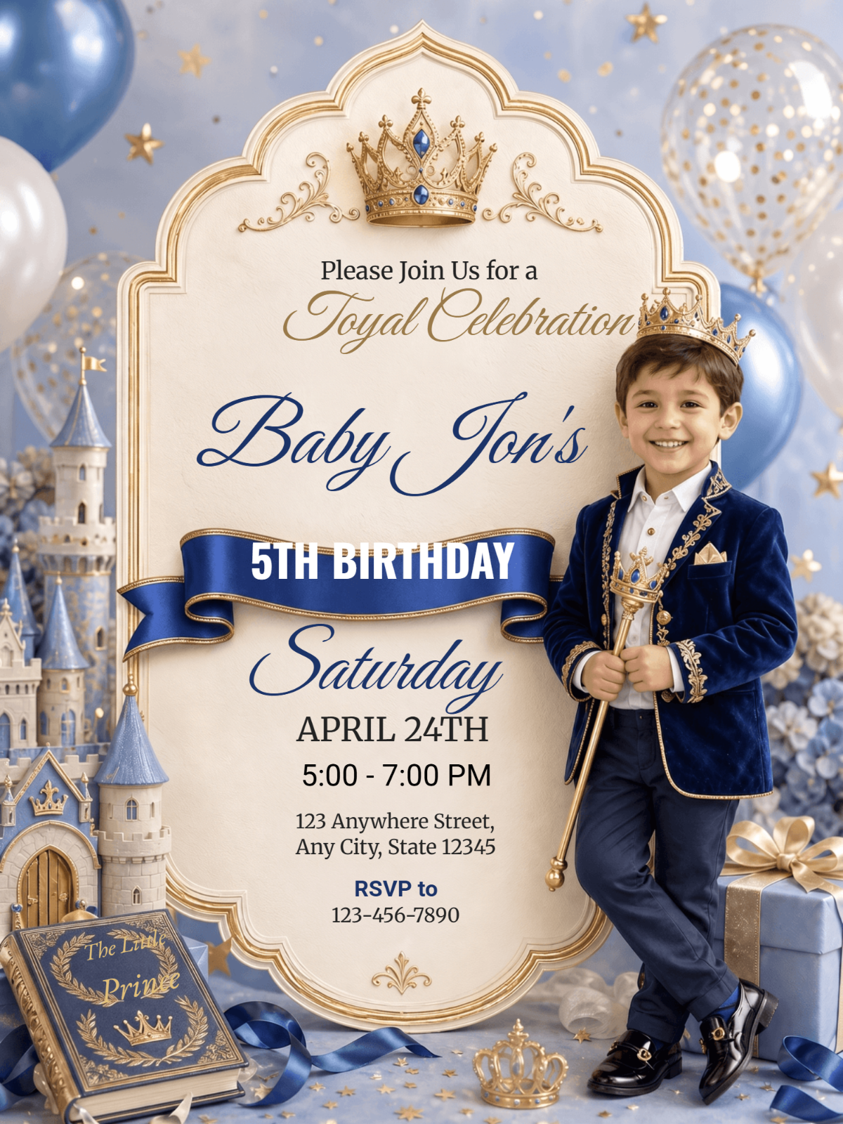 Luxury Little Prince 5th Birthday Invitation