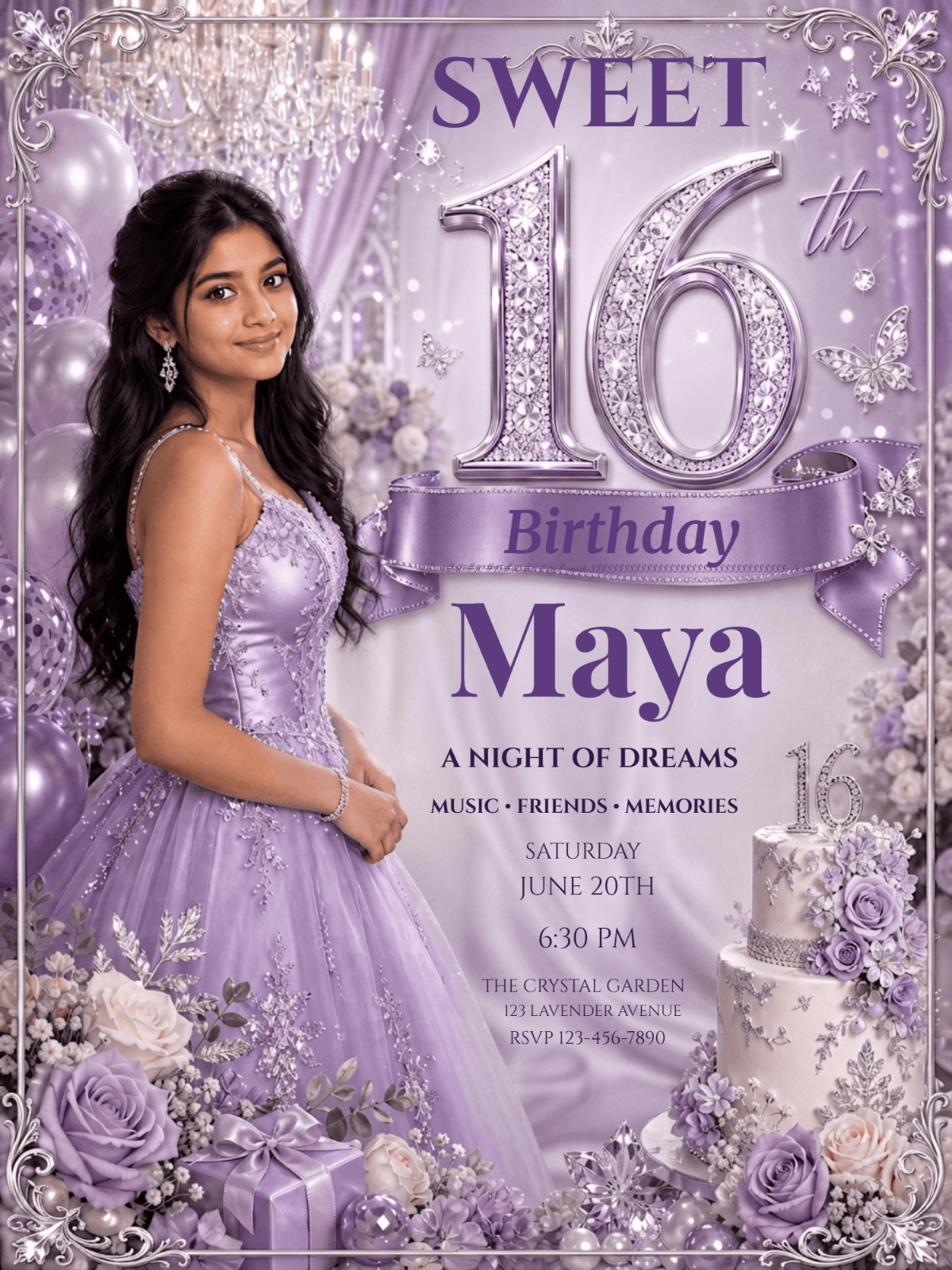 Lavender Crystal Sweet 16 Birthday Invitation