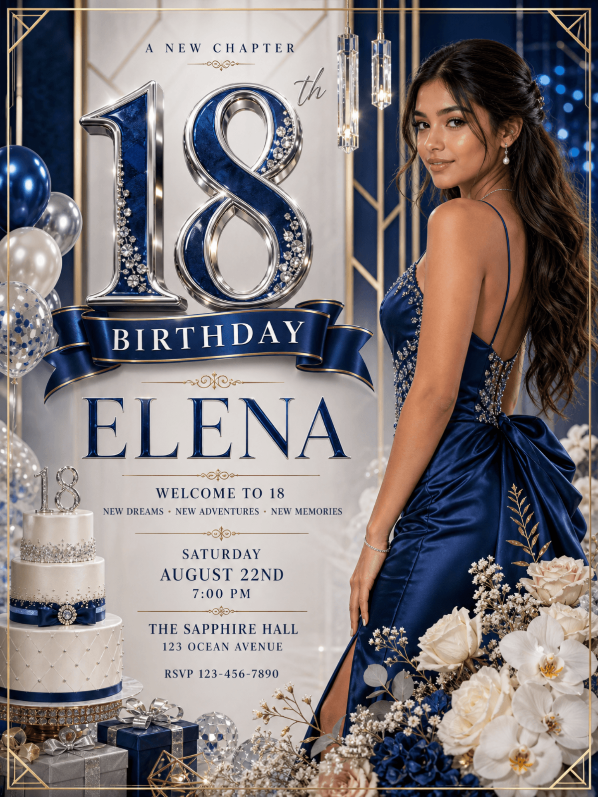 Modern Sapphire 18th Birthday Invitation Template