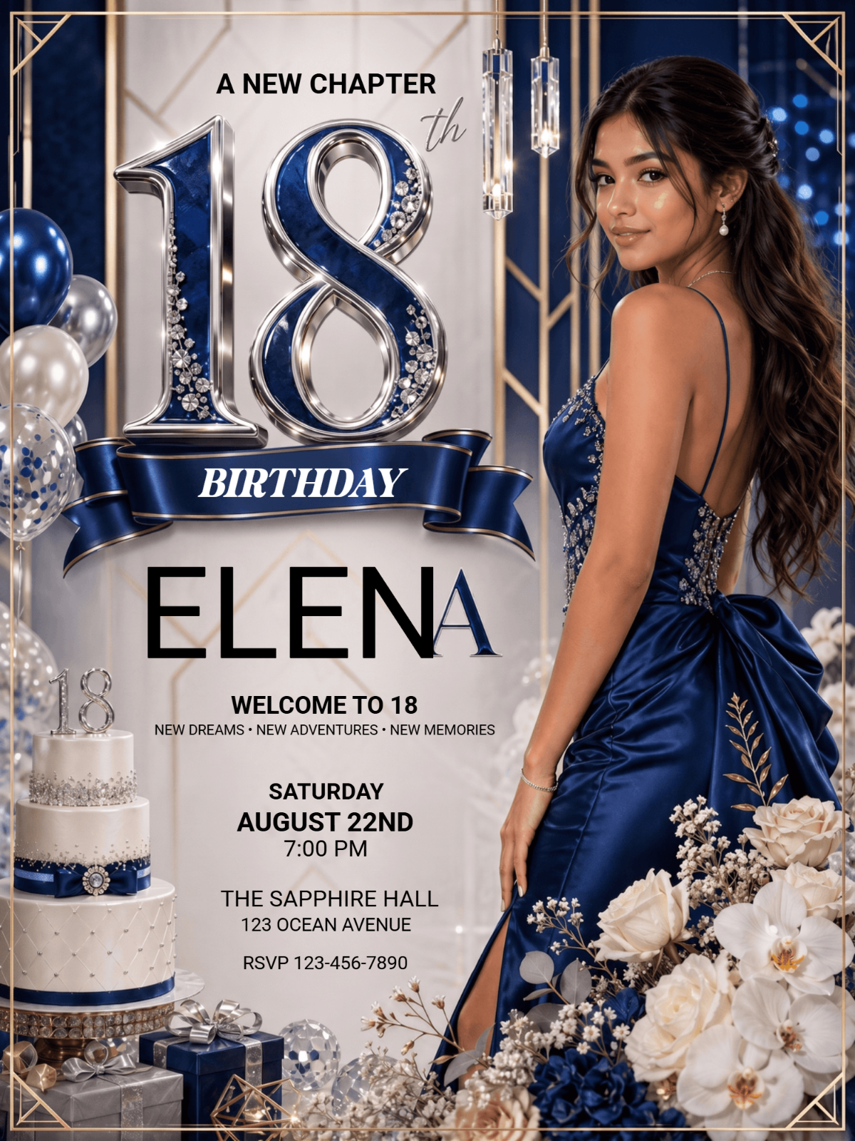 Modern Sapphire 18th Birthday Invitation Template