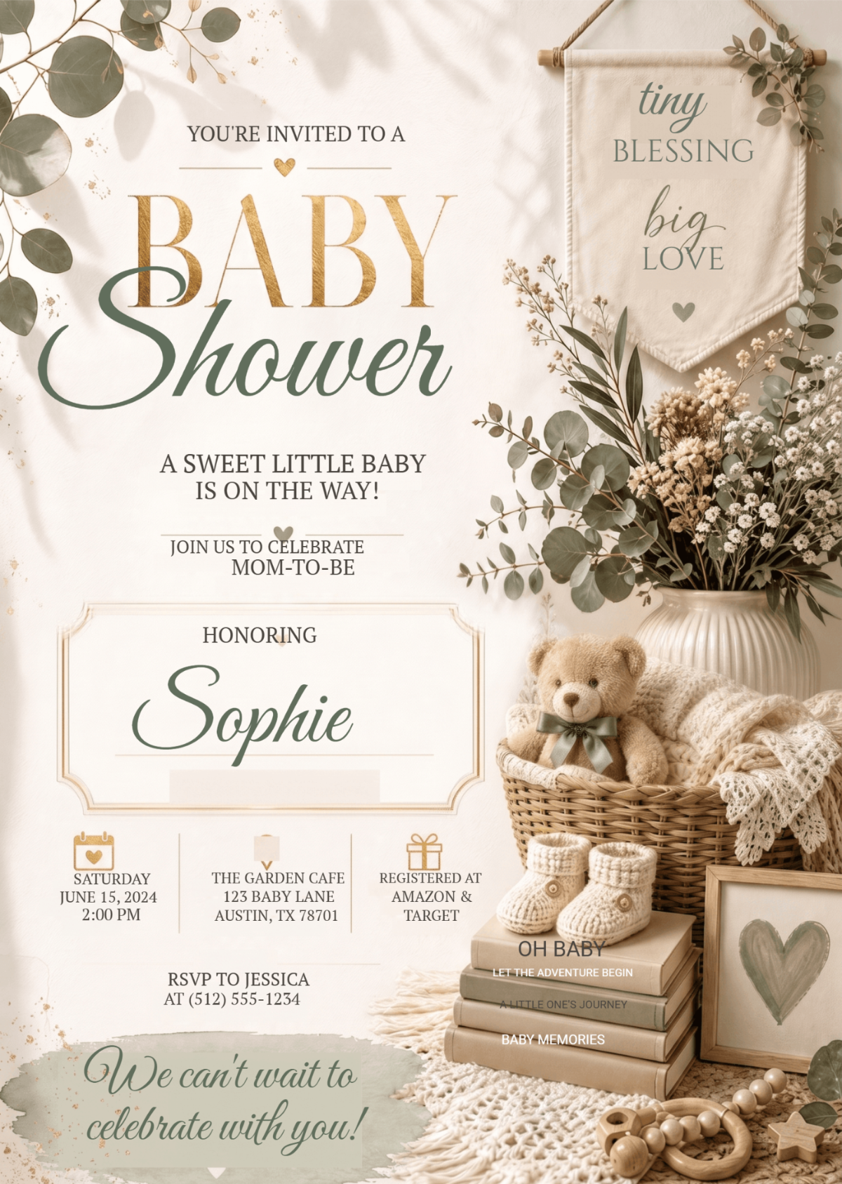 Luxury Botanical Sage Green Baby Shower Invitation Template Luxury Botanical Sage Green Baby Shower Invitation Template