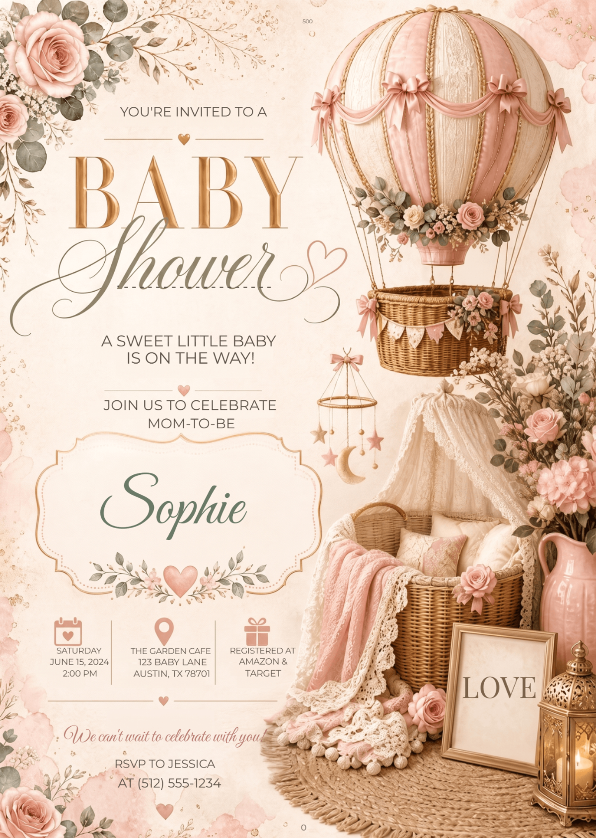 Luxury Pink Hot Air Balloon Baby Shower Invitation Template Luxury Pink Hot Air Balloon Baby Shower Invitation Template