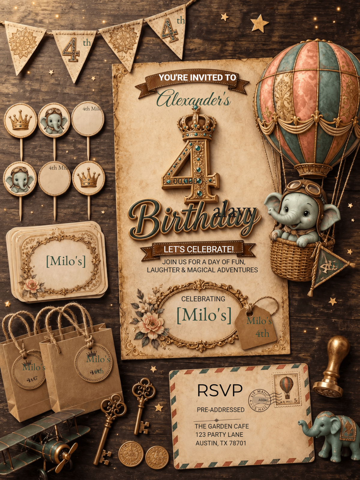 Vintage Royal Safari 4th Birthday Party Stationery Invitation Vintage Royal Safari 4th Birthday Party Stationery Invitation